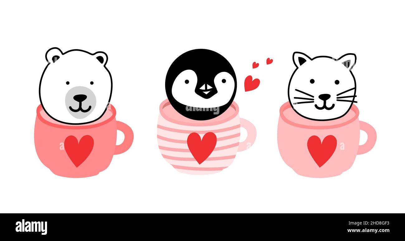 Adorable ours, pingouin et chat en tasses illustration dessinée à la main isolée sur fond blanc pour la Saint-Valentin Banque D'Images