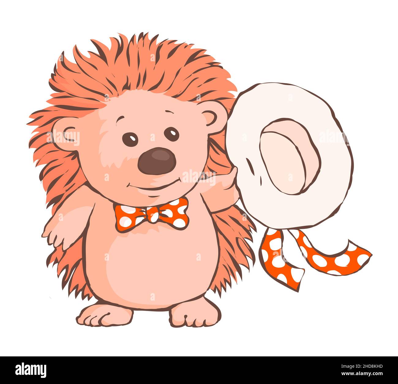 Petit hérisson mignon avec un chapeau dans la main.Waving Au revoir ou salutation.Un conte de fées sur l'amitié.Caractère pour une carte postale.Illustration de dessin animé Banque D'Images