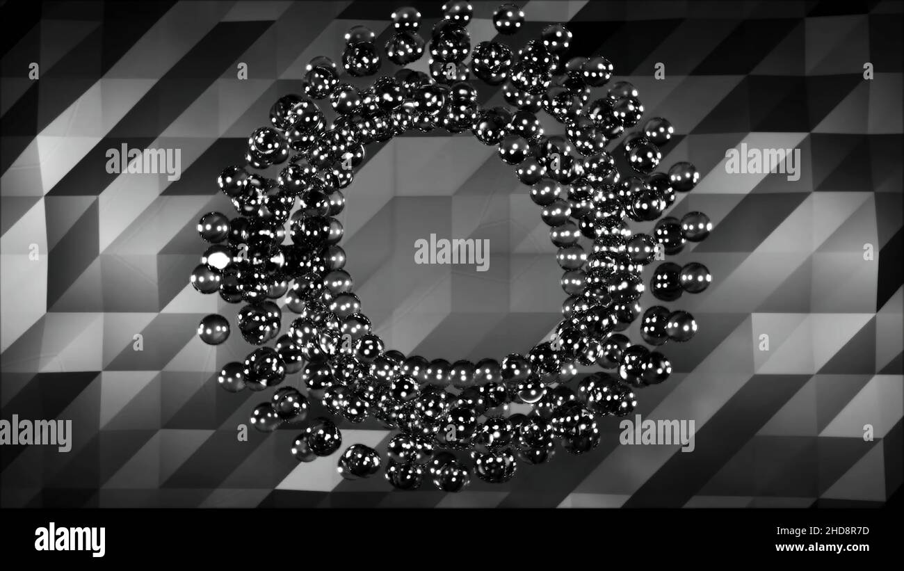 Ballons métalliques abstraits se déplaçant dans un cercle sur fond géométrique gris, monochrome.Cercle rotatif de sphères metall, boucle sans couture Banque D'Images