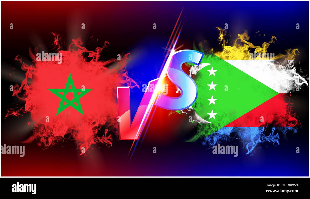 Maroc et Comores conflit commercial en cours.Drapeau de deux pays opposés l'un à l'autre avec le texte vs et le fond noir Banque D'Images