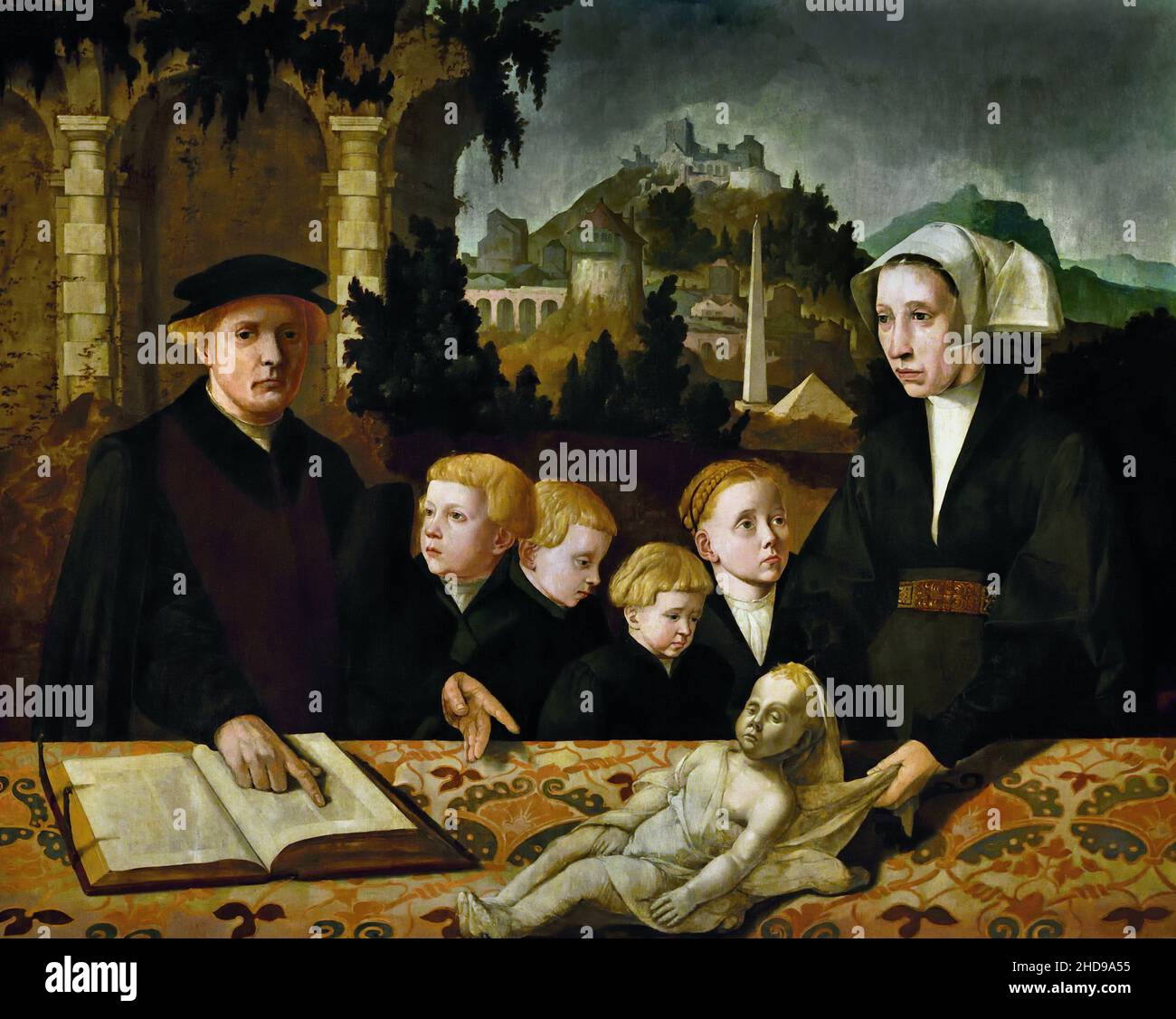 Héros ou Ivo van Fritema et sa famille (avec l'enfant mort) 1530painting par Monogrammiste van Valenciennes The, pays-Bas, néerlandais, France, français, Banque D'Images