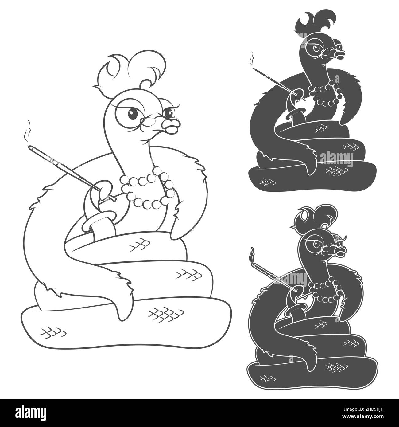 Illustration avec un serpent de dessin animé avec une cigarette dans un embout buccal et une cape à fourrure.Ensemble d'objets isolés vectoriels noir et blanc sur fond blanc Illustration de Vecteur