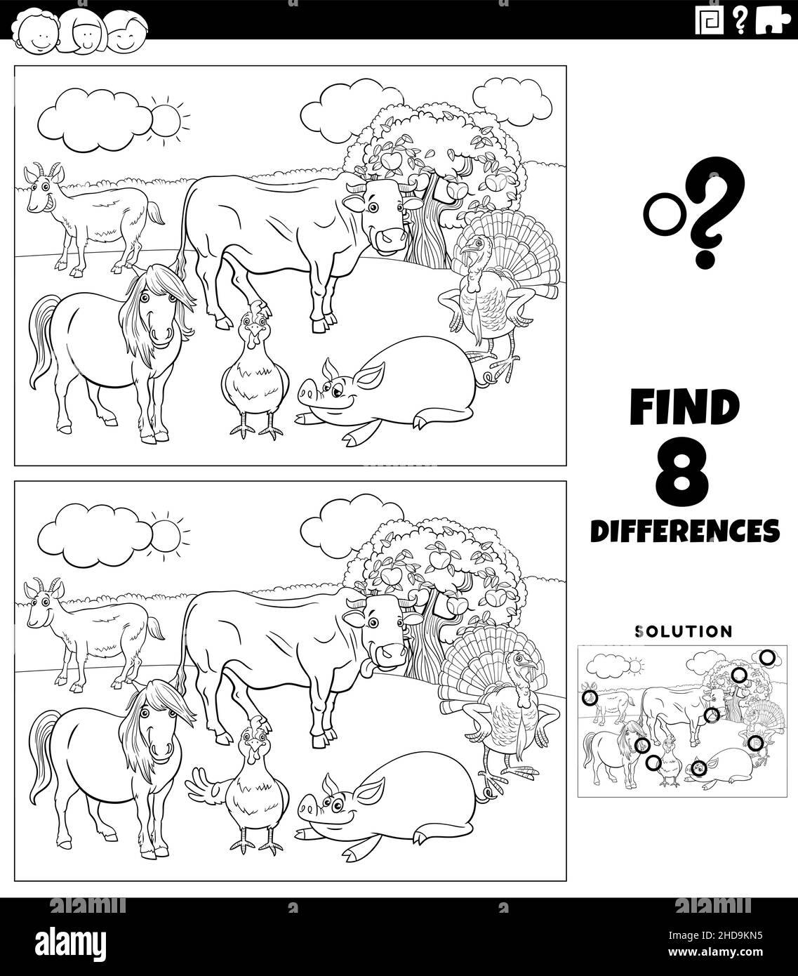 Dessin animé noir et blanc illustration de trouver les différences entre les images tâche éducative pour les enfants avec des caractères d'animal de ferme groupe de couleur Illustration de Vecteur