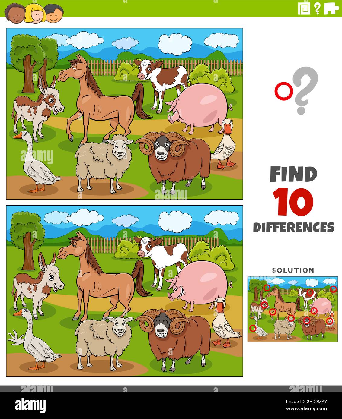 Illustration de dessin animé de trouver les différences entre les images jeu éducatif pour les enfants avec le groupe de caractères d'animal de ferme Illustration de Vecteur