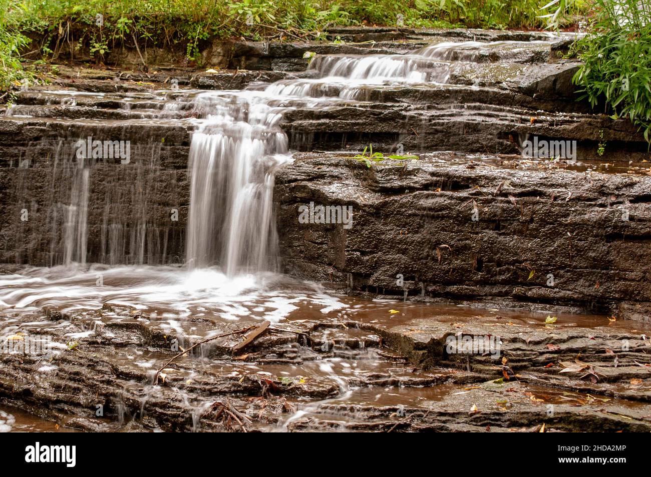 Belle vue d'une cascade coulant sur un sol rocheux dans la forêt avec frass sur les côtés Banque D'Images