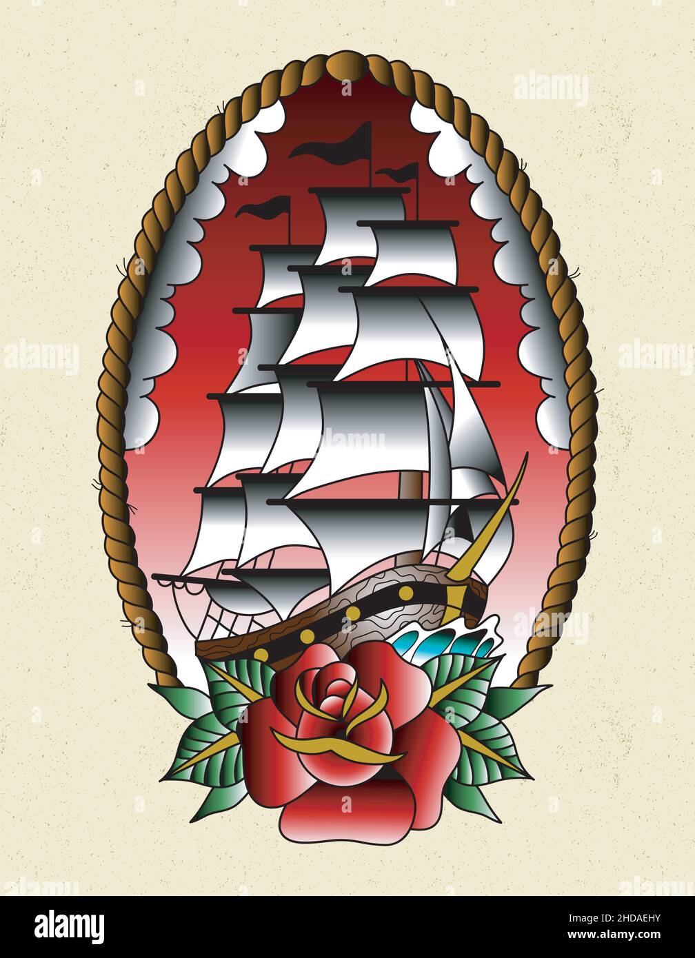 bateau tatouage vieille école avec une rose Illustration de Vecteur