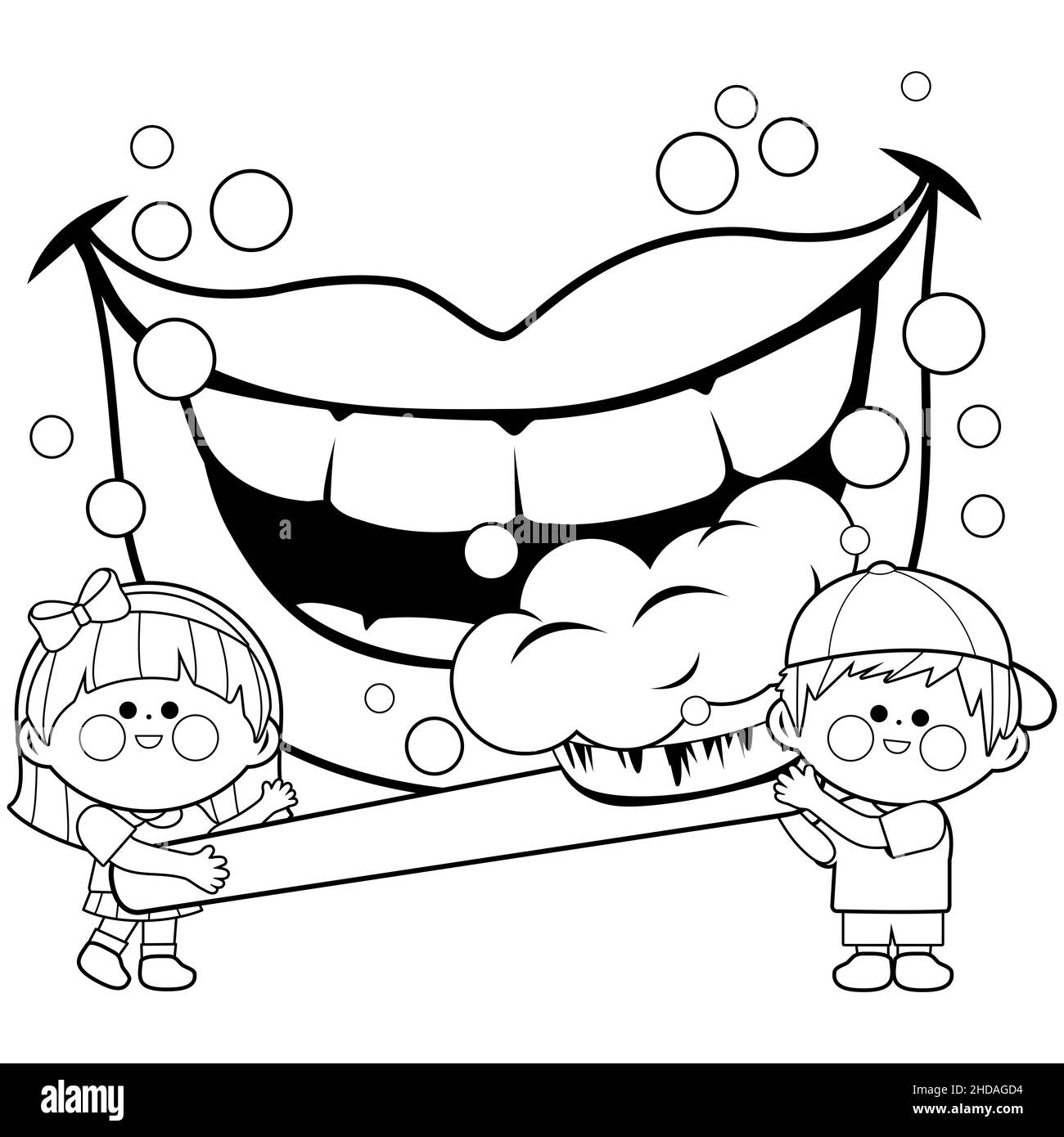 Enfants tenant une brosse à dents et se brossant.Page de couleur noir et blanc. Banque D'Images