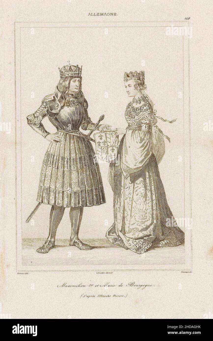 Dessin médiéval d'Albrecht Dürer : Maximilian I et Marie de Bourgogne Maximilian I (22 mars 1459 – 12 janvier 1519) fut roi des Romains à partir de 14 Banque D'Images