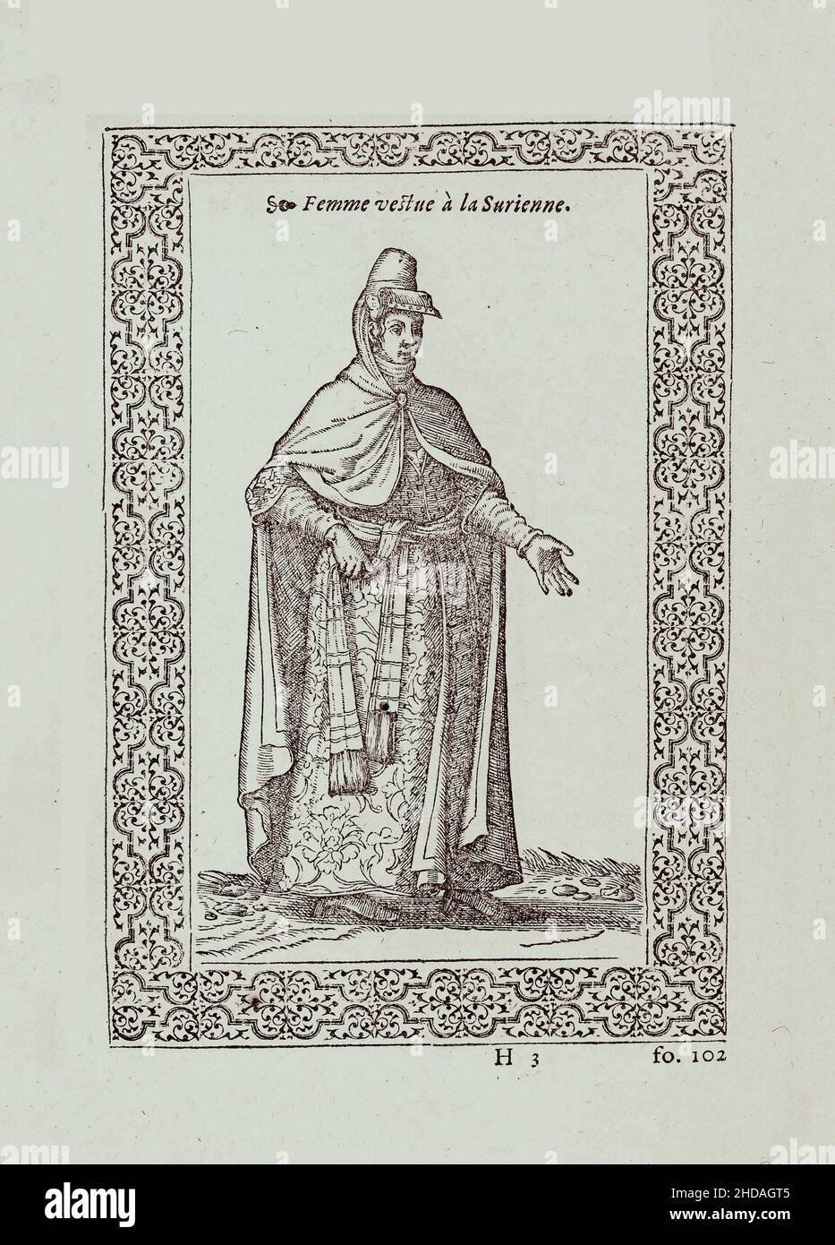 La gravure du 16th siècle de la femme turque vêtue de style syrien.1577 par Nicolas de Nicolay (1517-1583) Banque D'Images