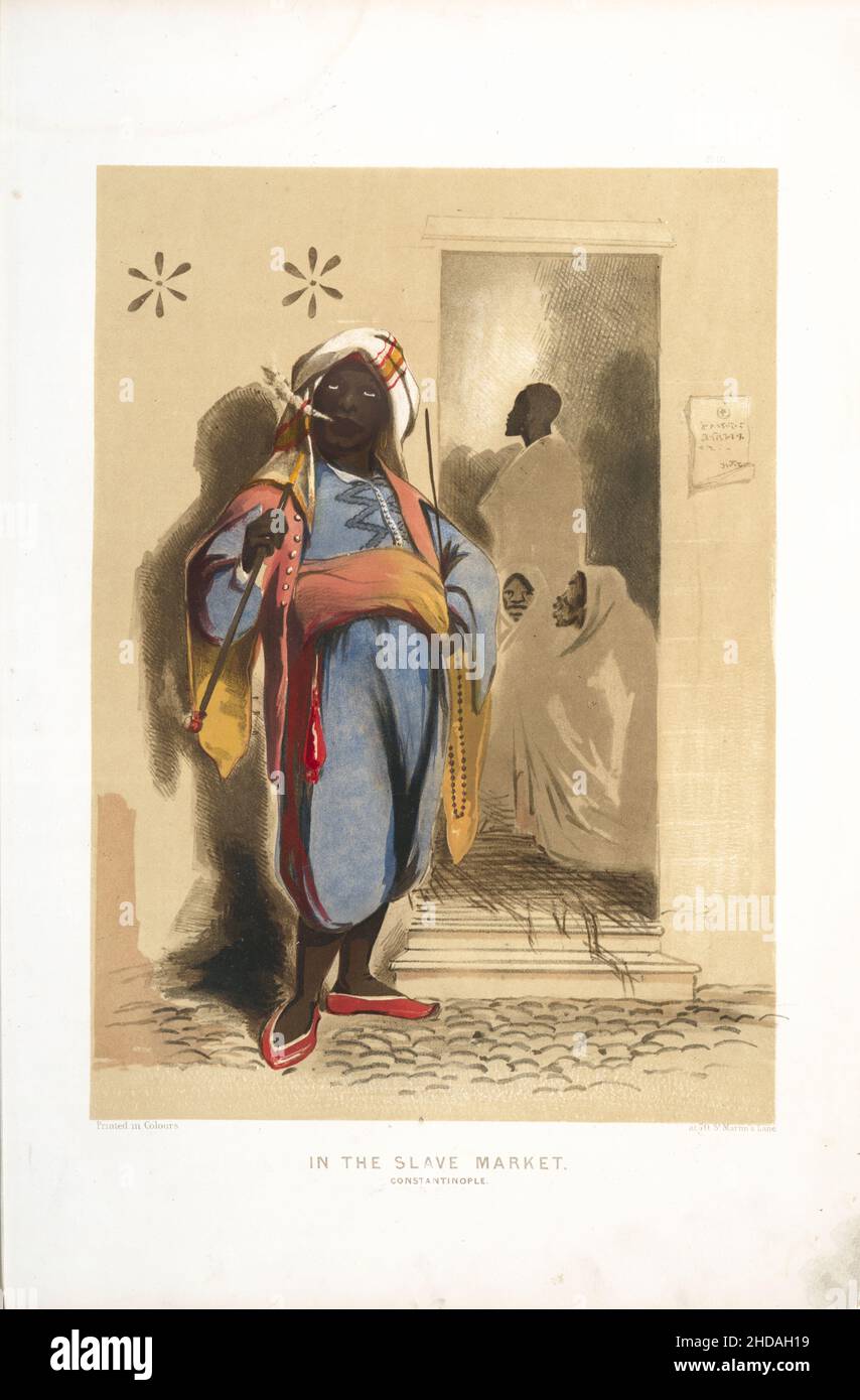 Lithographie de couleur: Dans le marché des esclaves, Constantinople.1854 par Forbes Mac Bean (artiste) et Justin Sutcliffe (lithographe) Banque D'Images