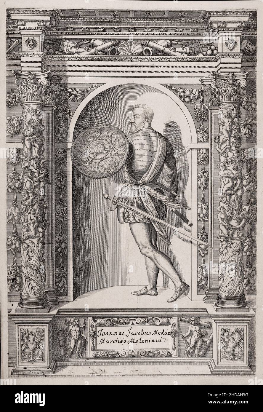 Gravure de Gian Giacomo Medici.1601 Gian Giacomo Medici (c.1495 - 1555), également appelé Giovanni Giacomo Medici, il Medeghino (le petit Médicis) ou Banque D'Images