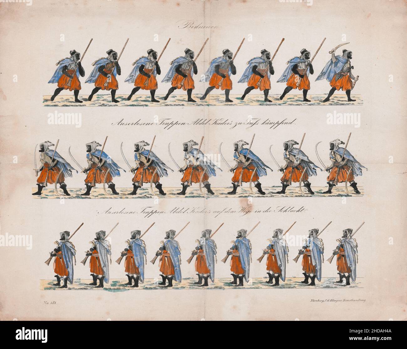 Dessin vintage des guerriers de Beduinen : des troupes sélectionnées d'Abdel Kader sur leur chemin de bataille.1830 Abdelkader, également orthographié Abd el-Kader ou Abdul-Qadir Banque D'Images