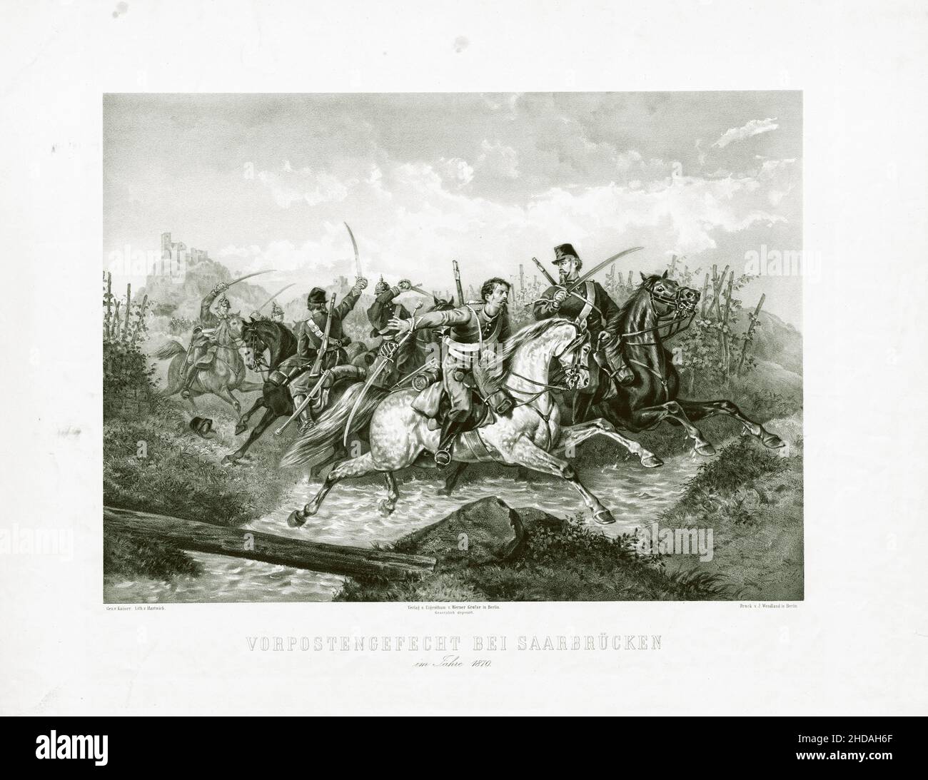 Gravure de la guerre franco-prussienne : bataille des avant-postes près de Saarbrücken en 1870.1872 Banque D'Images