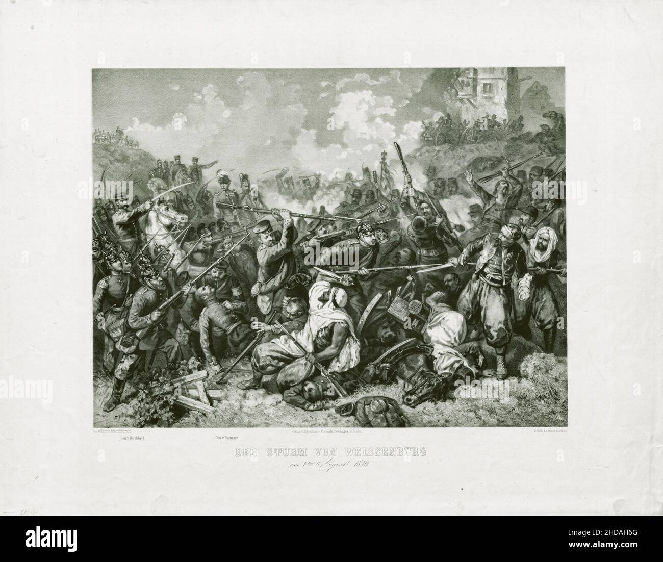 Lithographie allemande d'époque de la guerre franco-prussienne (1870-1871) : l'assaut de Weissenburg le 4th août 1870.1872 Banque D'Images