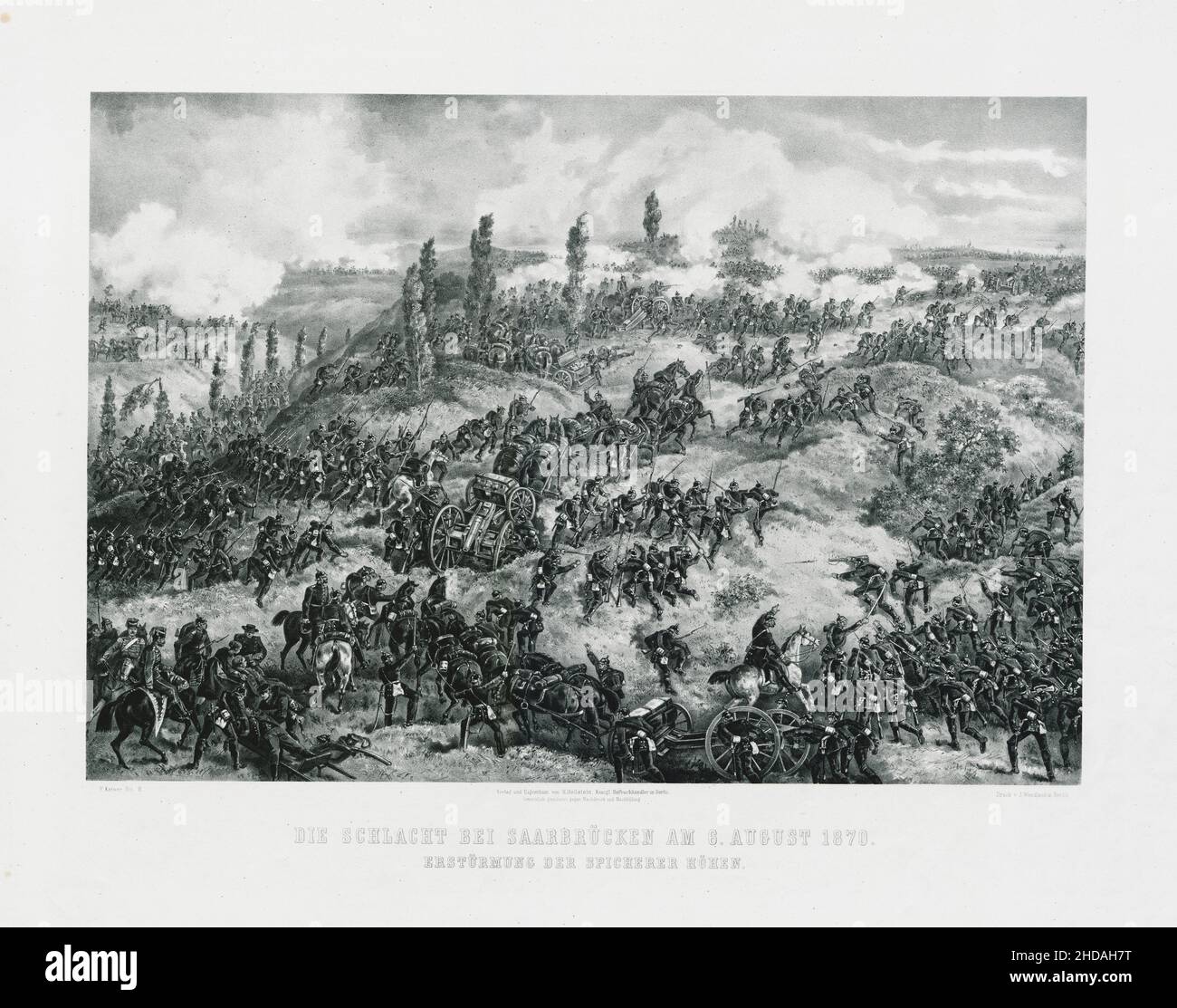 Gravure de la bataille de Saarbrücken le 6 août 1870 : cimage des hauteurs du Spicher.1872 période de guerre franco-prussienne (1870-1871) Banque D'Images
