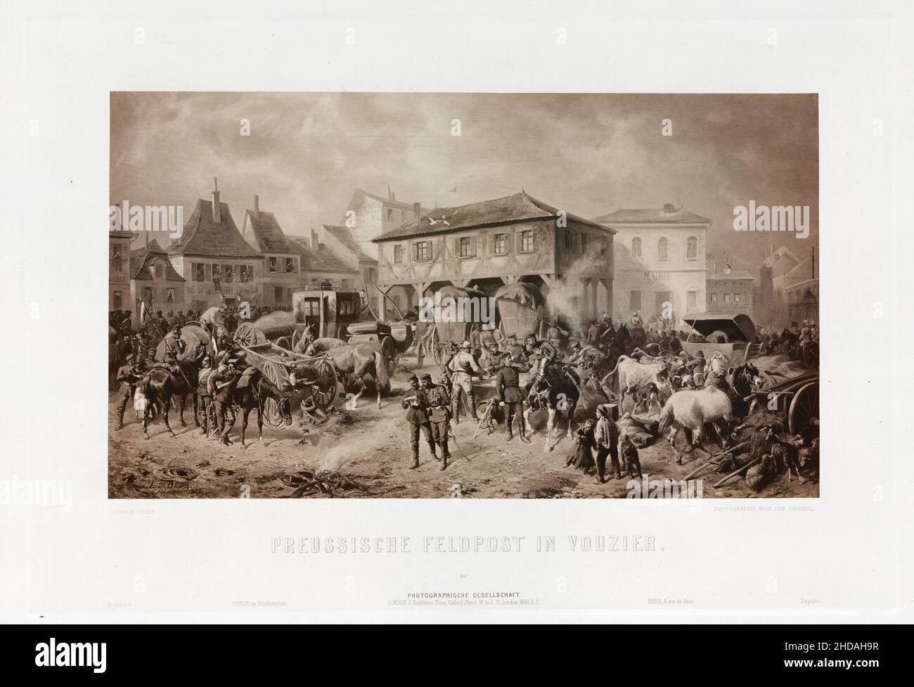 Lithographie de la guerre franco-prussienne : courrier de terrain prussien à Vouzie.1872 Banque D'Images