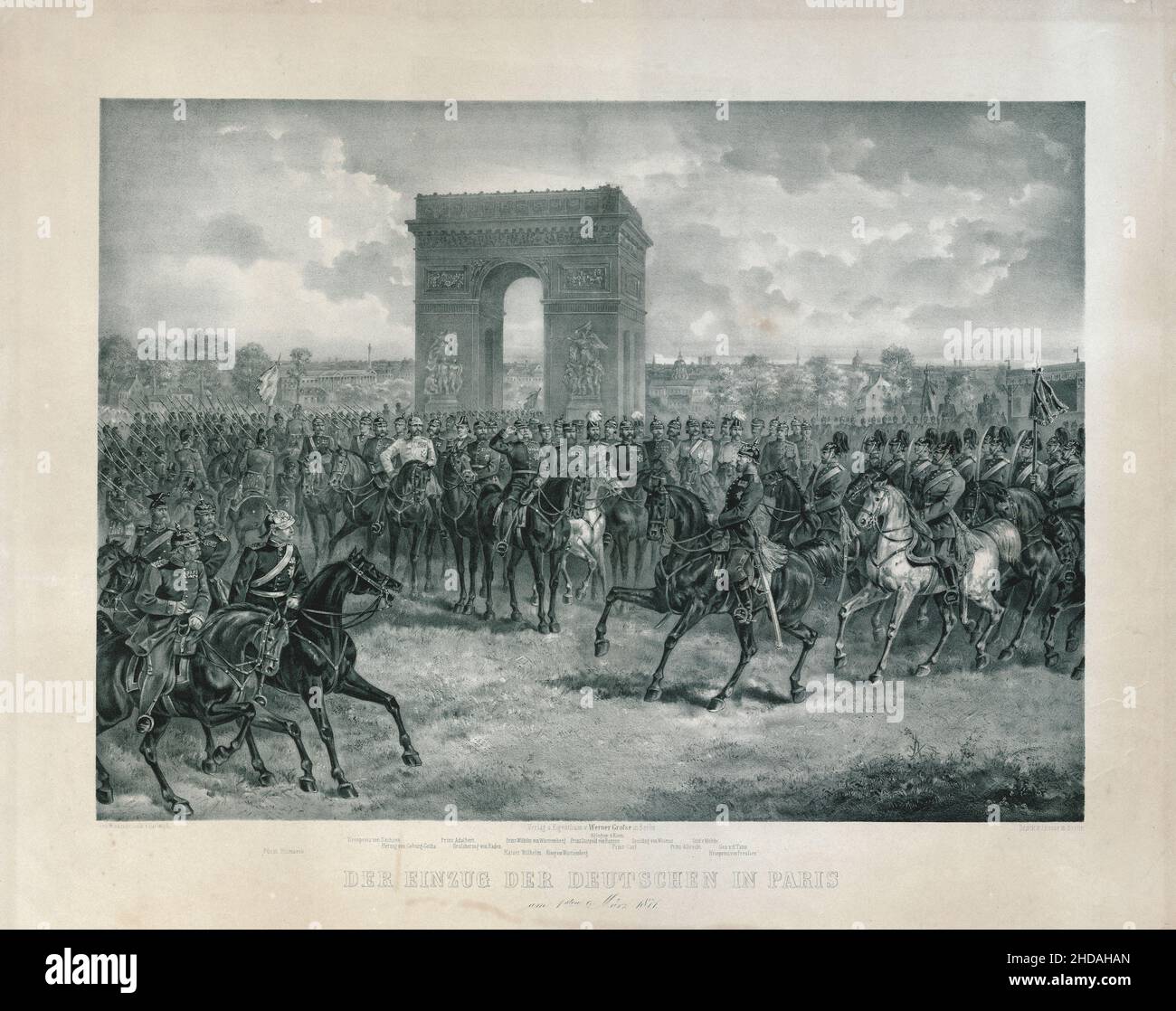 Lithographie de la guerre franco-prussienne : entrée allemande à Paris le 1st mars 1871.1875 sur la gravure pouvait voir le prince Bismarck, Kronprinz von Sachsen, Herzog Banque D'Images