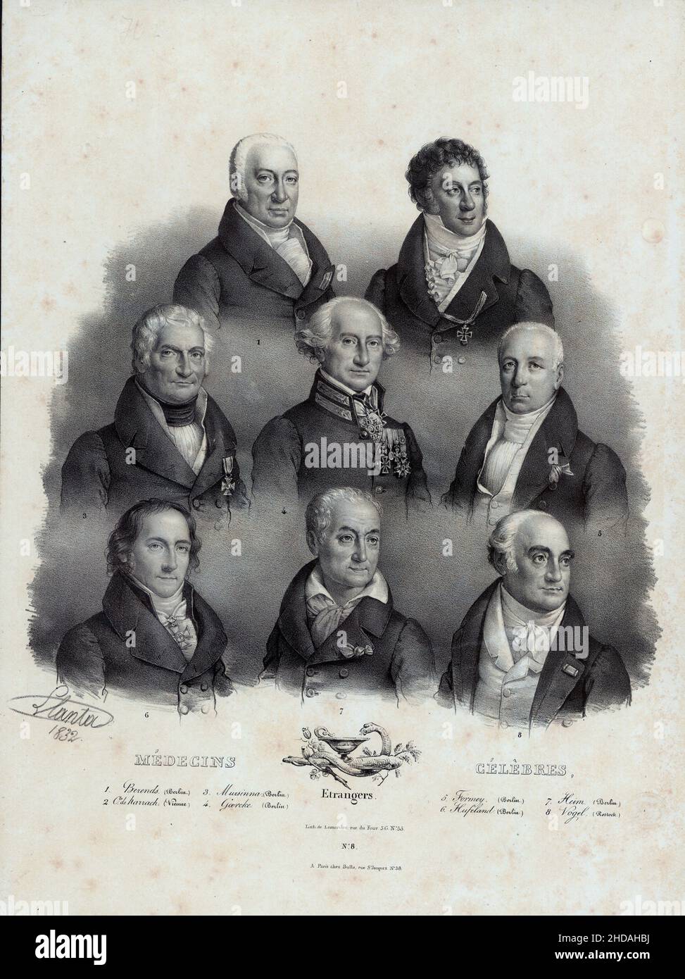 Lithographie vintage des médecins célèbres du 19th siècle: 1.BERENDS (Berlin) 2. De Harrach (Vienne) 3.Moursinna (Berlin) 4.Goercke (Berlin) 5.Forme Banque D'Images