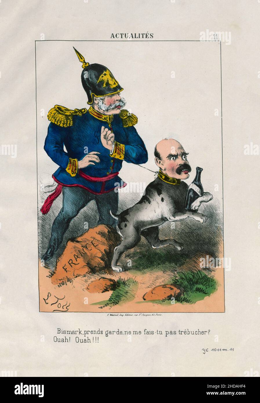 Affiche de propagande anti-prussienne française de la période de guerre franco-prussienne (1870-1871).'Bismarck, soyez prudent, n'est-ce pas vous me trébucher?Ouah !Ouah ! ».1870 Banque D'Images