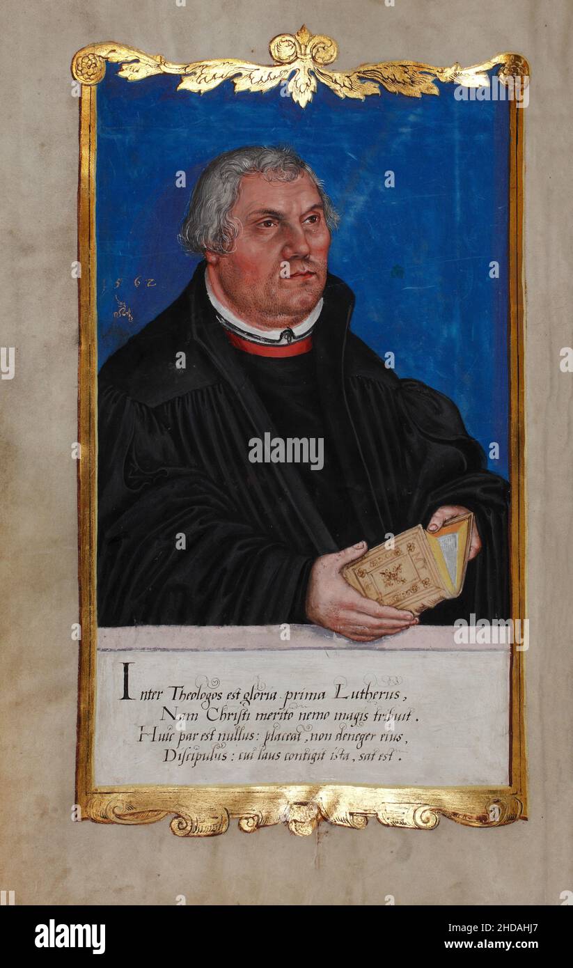 Portrait de Luther avec un poème latin.1562 Martin Luther (1483 – 1546) est un professeur allemand de théologie, prêtre, auteur, compositeur, ancien Augustinia Banque D'Images