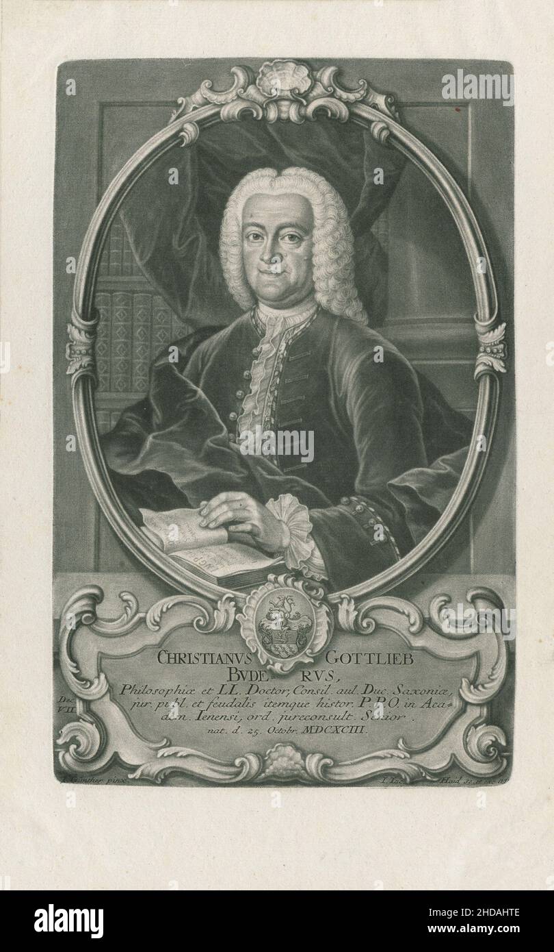 Gravure de Christian Gottlieb Buder, 1748 Christian Gottlieb Buder (1693 - 1763) est un juriste, historien et bibliothécaire allemand. Banque D'Images