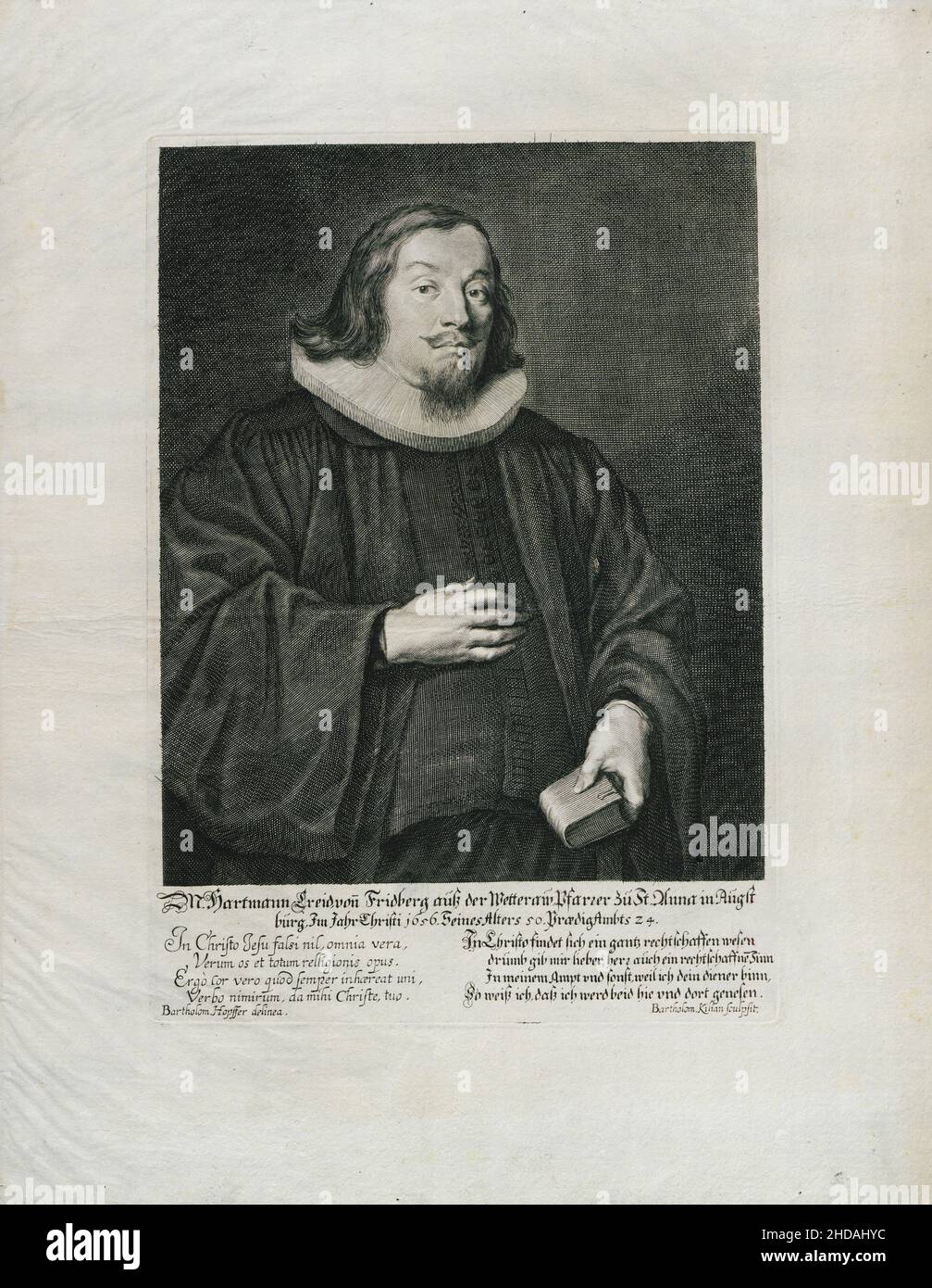 Gravure de M. Hartmann Creid von Fridberg du Wetteraw, pasteur de Saint Anna à Augstburg, en l'année du Christ 1656, son âge 50 ans.1656. Par Bart Banque D'Images