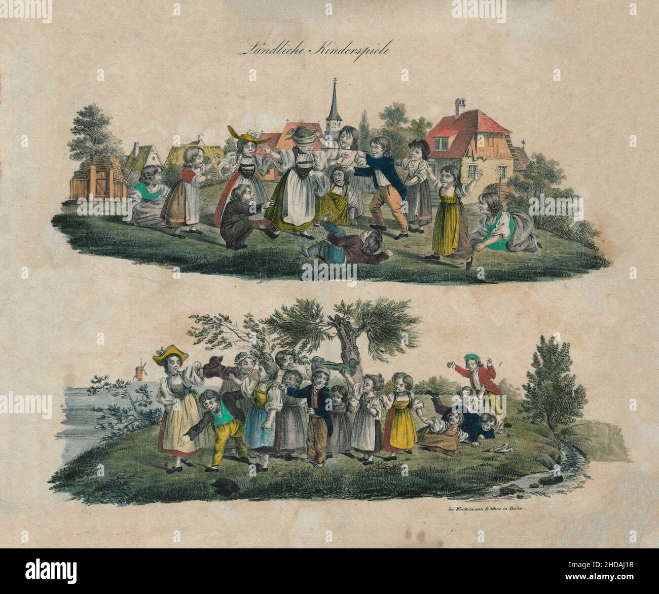Lithographie de couleur vintage des jeux ruraux pour enfants au 19th siècle.1833 Banque D'Images