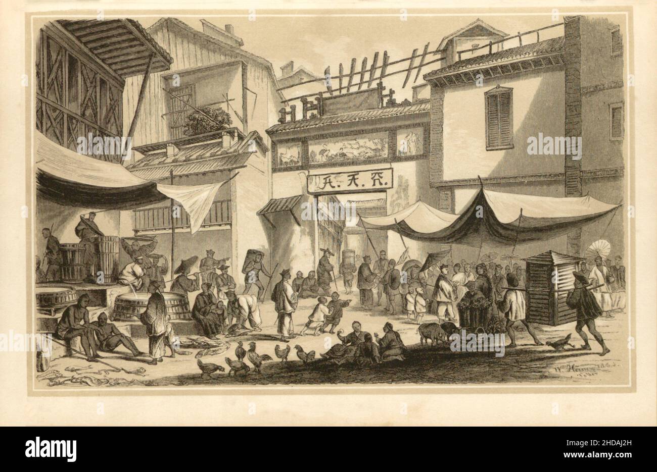 Lithographie de la Chine du 19th siècle: Marché du poisson dans Canton.1856 expédition du Commodore Perry Banque D'Images