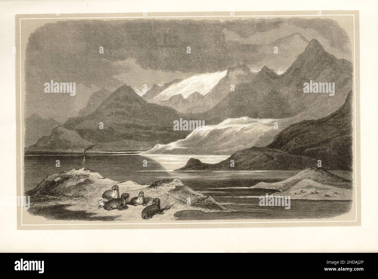 Lithographie antique du Japon du 19th siècle: Bruit de neige, détroit de Magellan.1856 expédition du Commodore Perry Banque D'Images