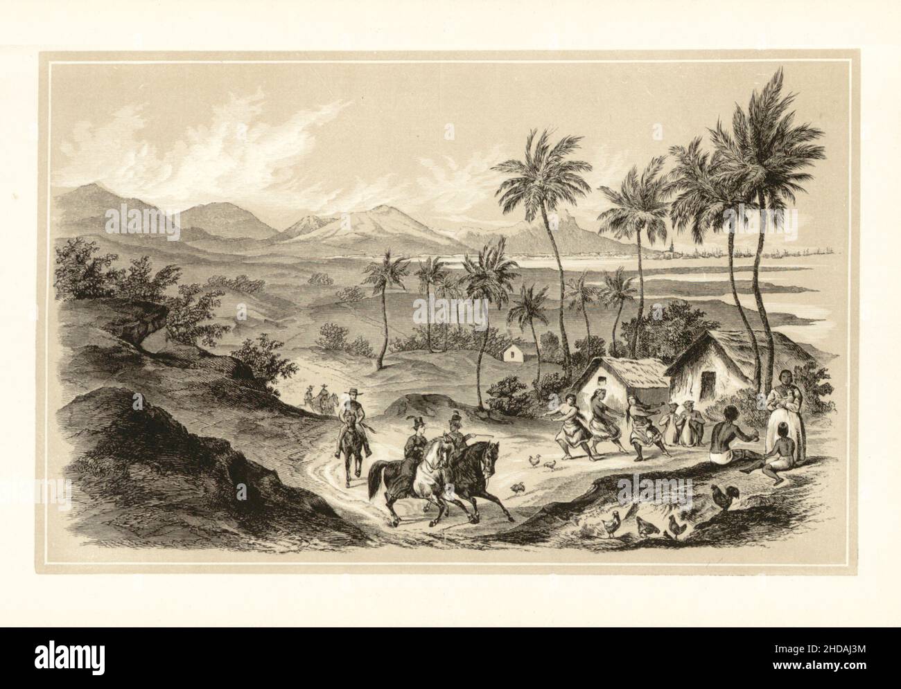 Lithographie antique du Royaume hawaïen du 19th siècle: Honolulu dans l'île de Ouahou.1856 expédition du Commodore Perry Banque D'Images