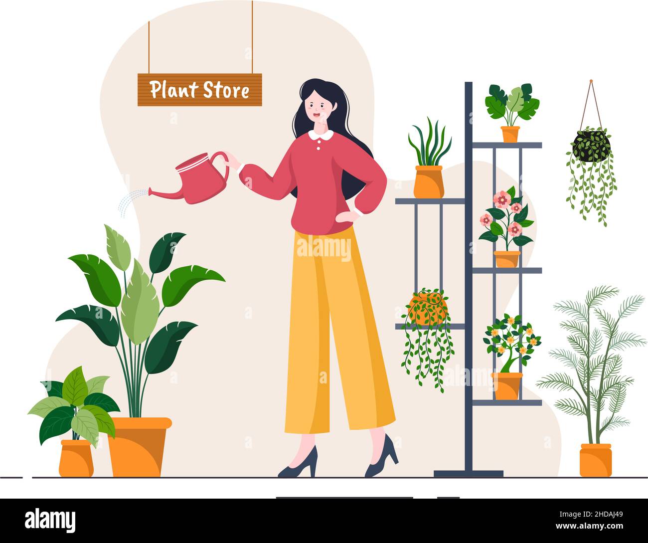 Magasin de fleurs et magasin de plantes avec Florists Care, produits naturels biologiques pour la maison jardin Décoration verte en fond plat Vector Illustration Illustration de Vecteur