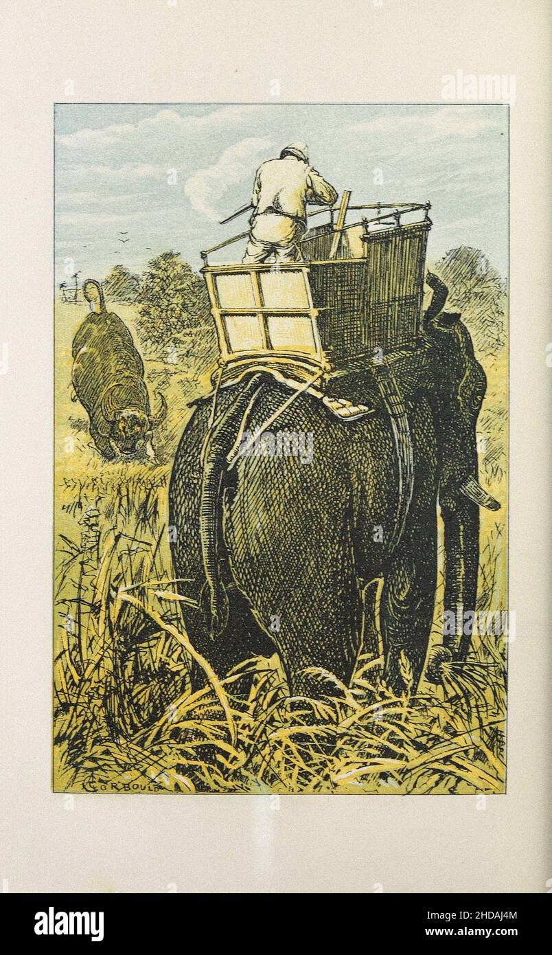 Lithographie du sport dans le Burmah britannique, Assam, et les collines de Cassyah et Jyntiah : chasse à la taupe à partir de l'éléphant.1879 Banque D'Images