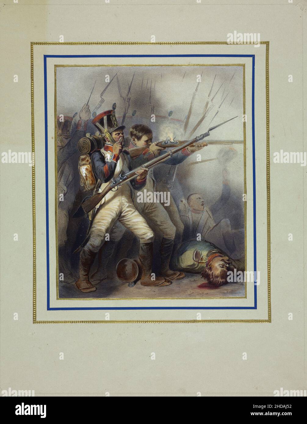 Lithographie de couleur vintage des guerres napoléoniennes, campagne saxonne, 1813.1837, par Jacques-François Llanta (1807-1864) Banque D'Images