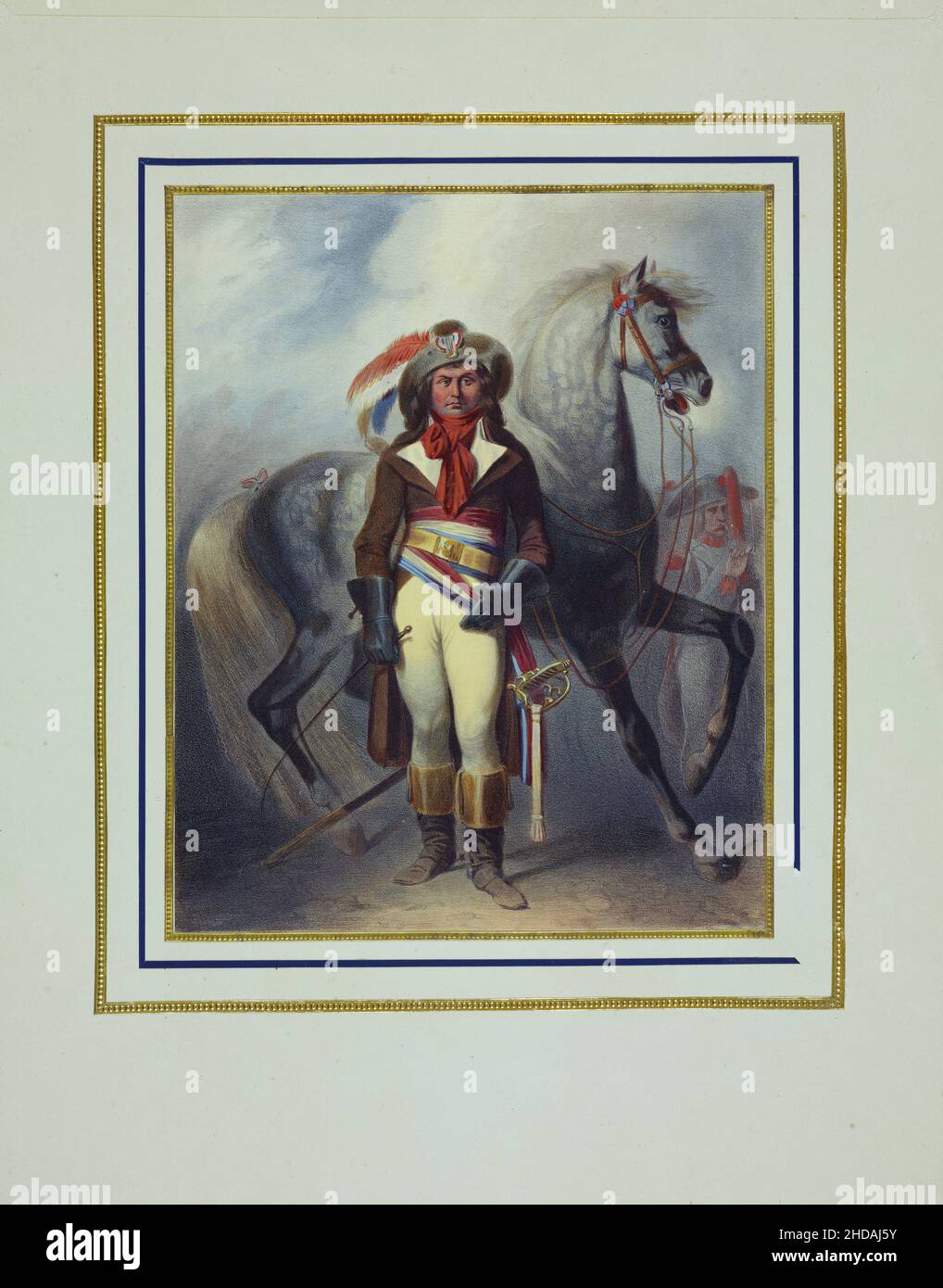 Lithographie de couleur vintage de la Révolution française : officier révolutionnaire français à cheval.1793 1837, par Jacques-François Llanta (1807-1864) Banque D'Images