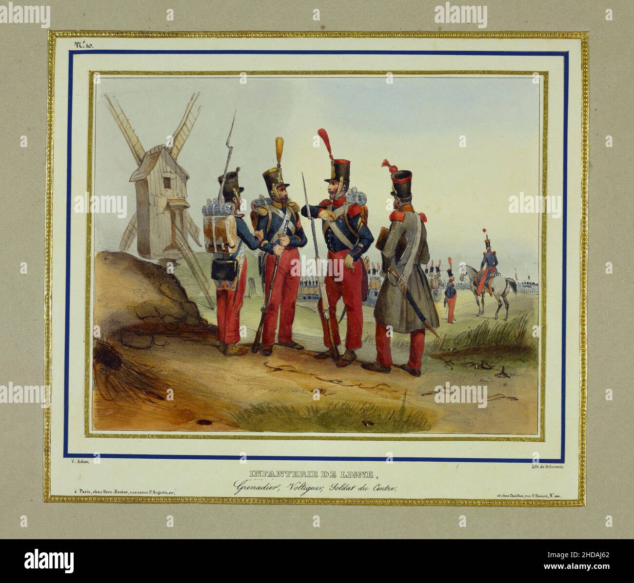 Lithographie de couleur vintage de l'armée française : infanterie de ligne.Grenadier, soldat d'une unité d'escarmouche, soldat du centre.1832, par Jean Victor Adam(1801-1 Banque D'Images