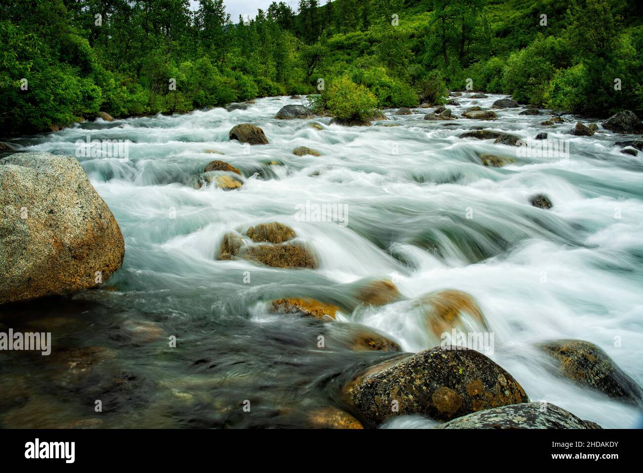 Belle vue sur la petite rivière Susitna en cascade sur des rochers en Alaska, aux États-Unis Banque D'Images