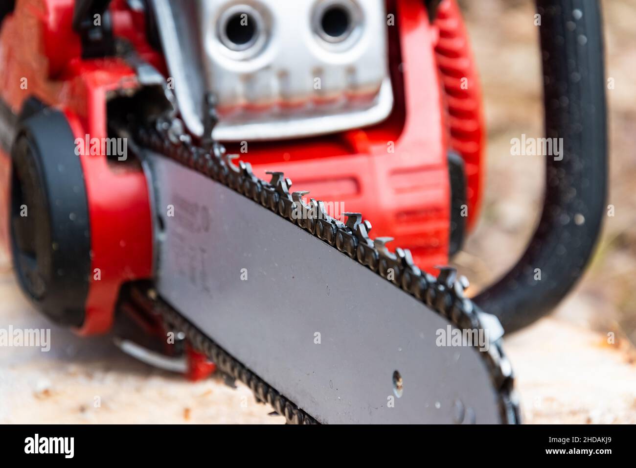 Gros plan d'une tronçonneuse à essence manuelle.Outil de travail pour l'élagage des arbres. Banque D'Images