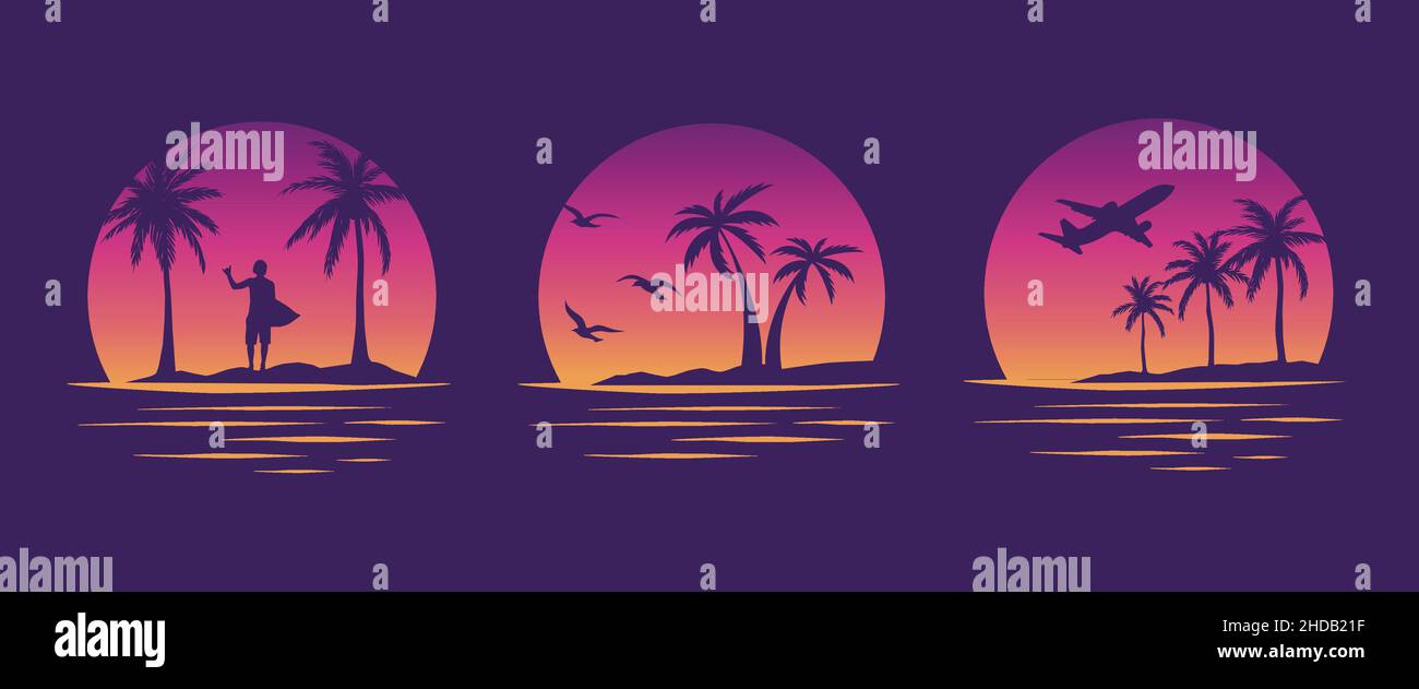 Plages, palmiers et surf.Miami California Hawaii design.80s Art. Vecteur tatouage Old School. Couchers de soleil dégradés avec silhouettes | graphiques vectoriels Illustration de Vecteur