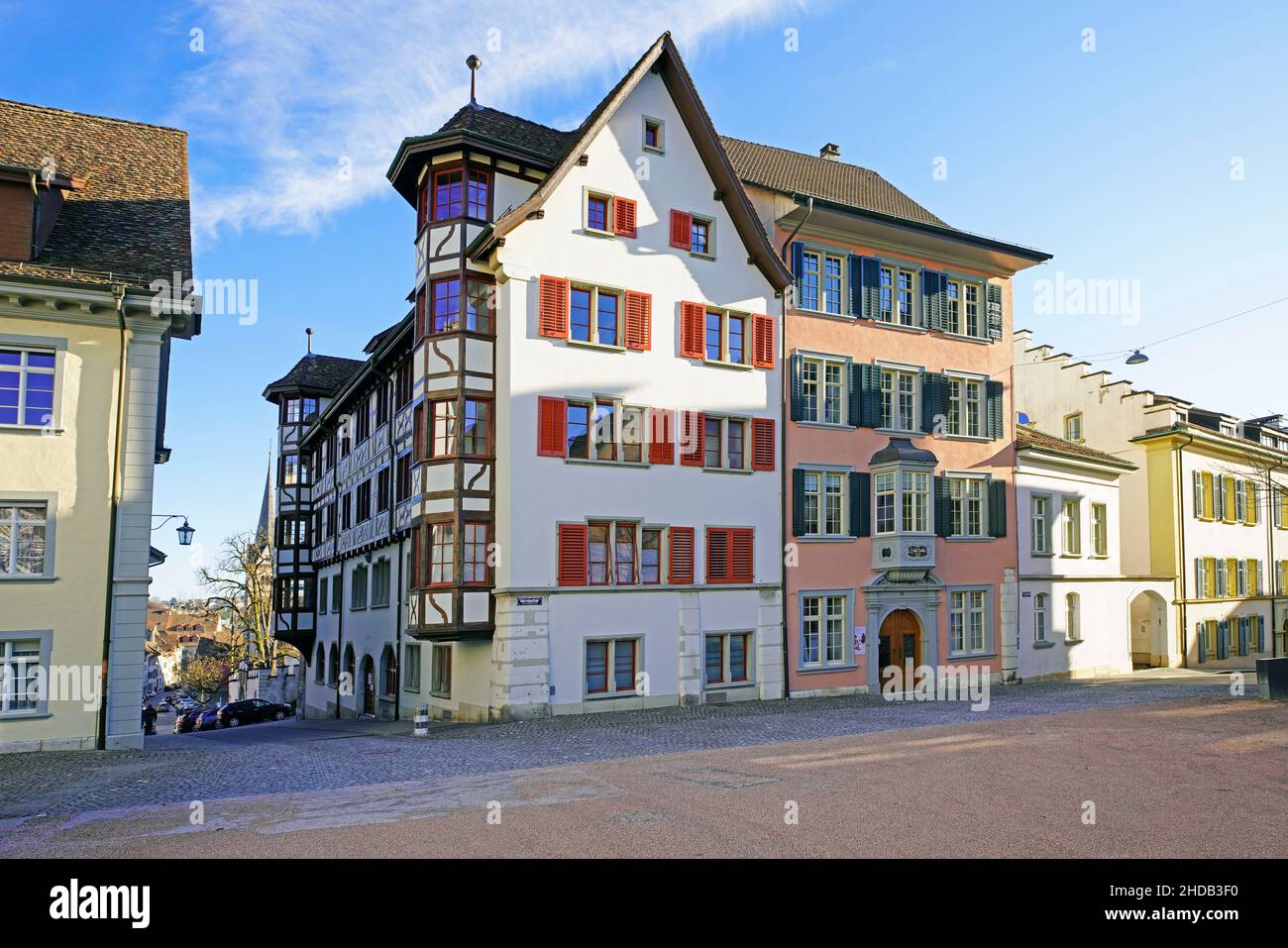 Maison pour coin et maison pour Coral Tree by Herrenacker dans la ville historique de Schaffhausen.Canton de Schaffhausen, Suisse. Banque D'Images