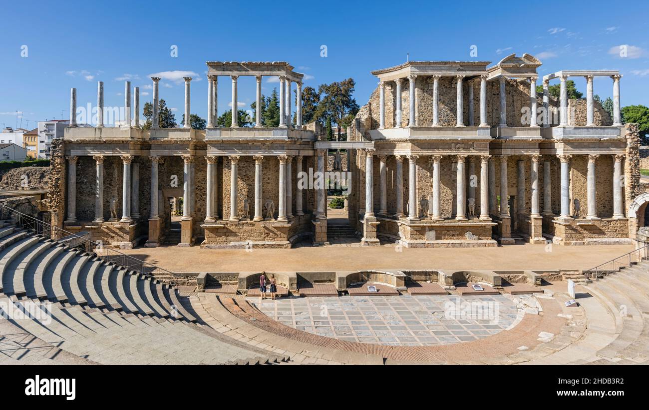 Théâtre romain, Merida, province de Badajoz, Estrémadure, Espagne.Le théâtre a été construit à l'origine dans les années 16 à 15 av. J.-C.L'Ensem archéologique Banque D'Images