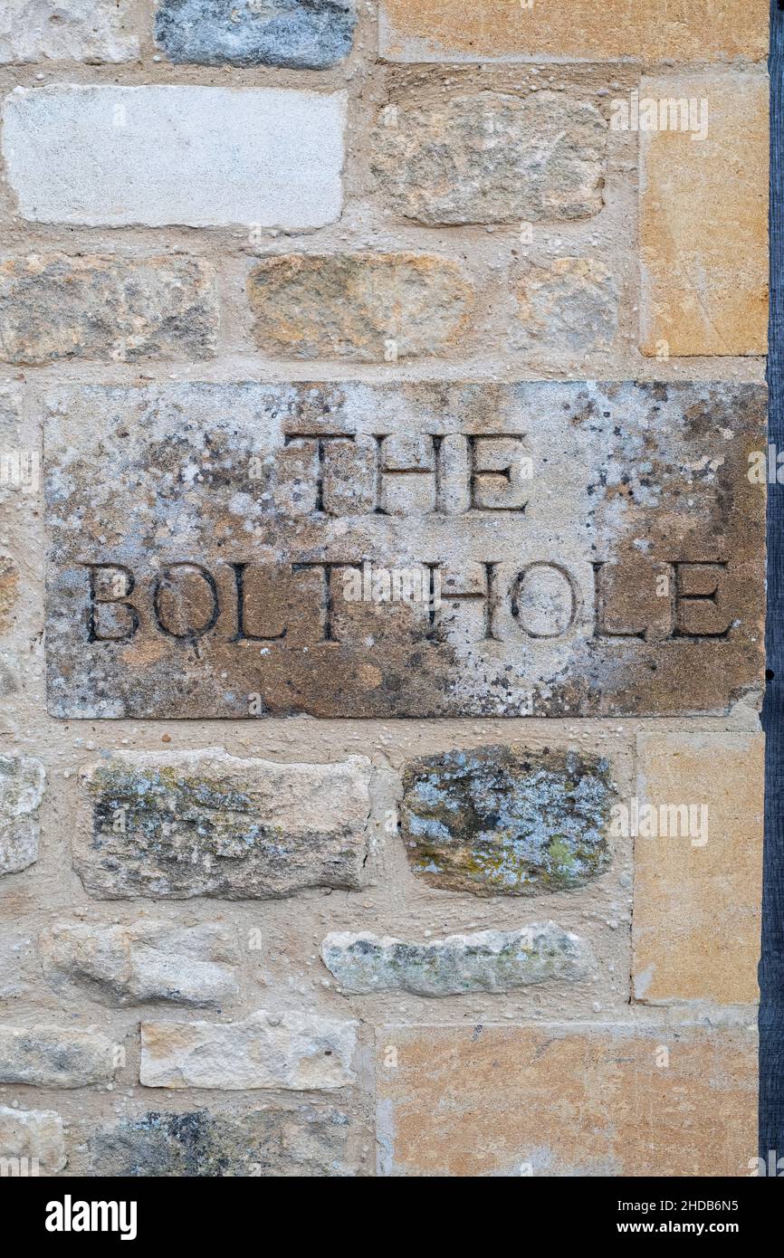 Le signe de la maison de trou de boulon.Moreton, Marsh, Cotswolds, Gloucestershire, Angleterre Banque D'Images