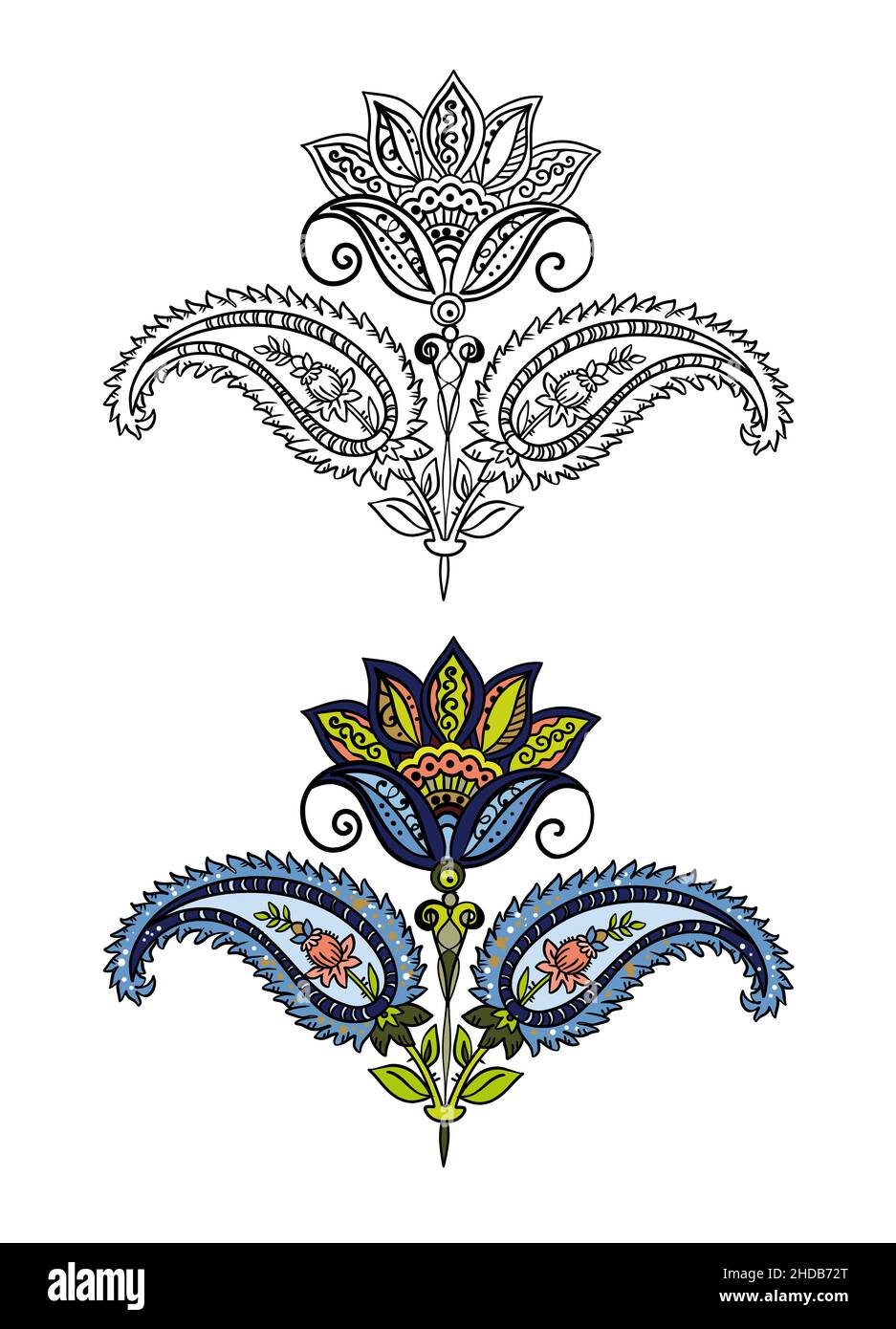 Illustration de l'élément raster Paisley en couleur et en noir et blanc pour colorer les pages sur fond blanc isolé.Illustration de haute qualité Banque D'Images