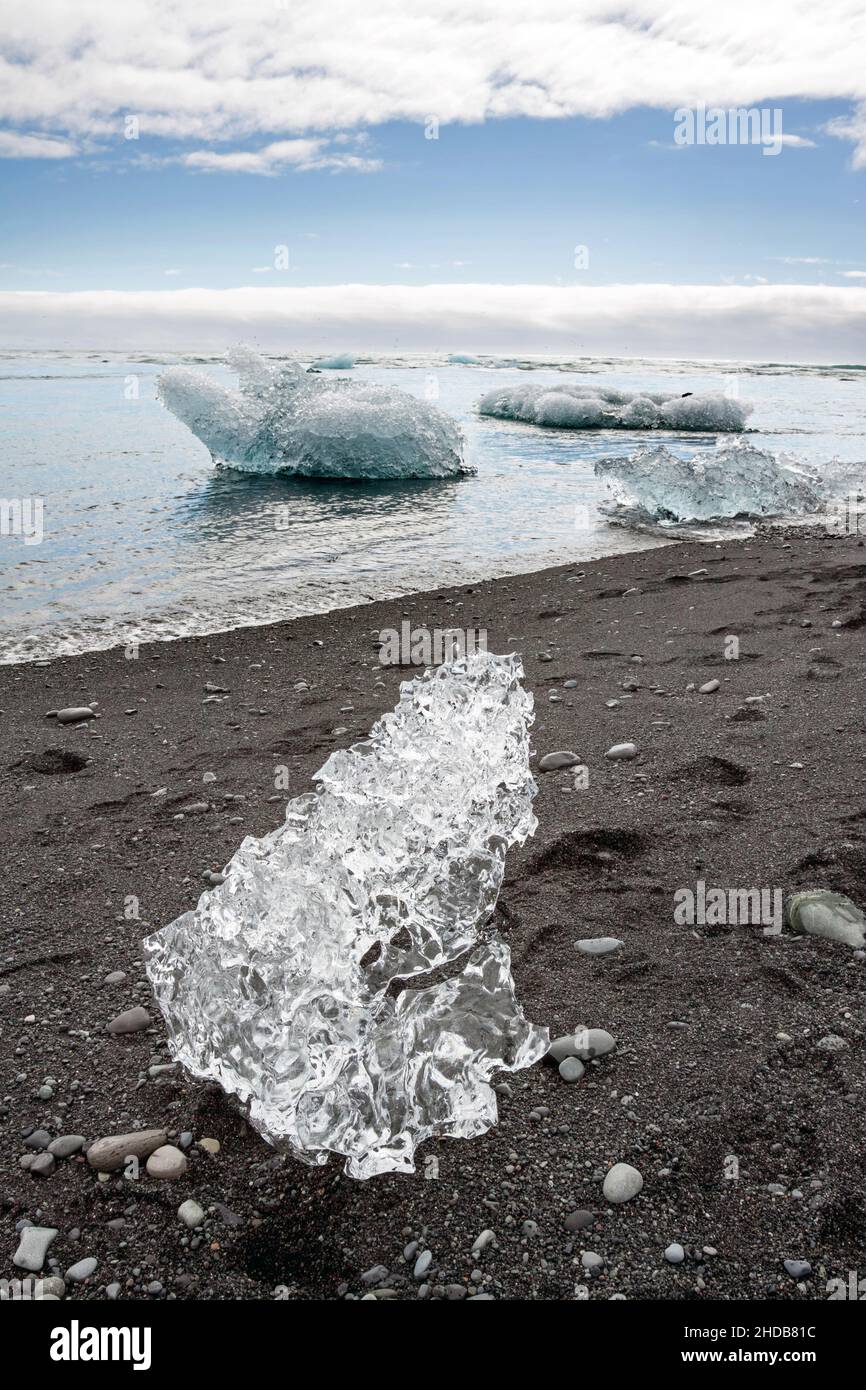 Icebergs bloqués sur une plage de lave, en Islande Banque D'Images