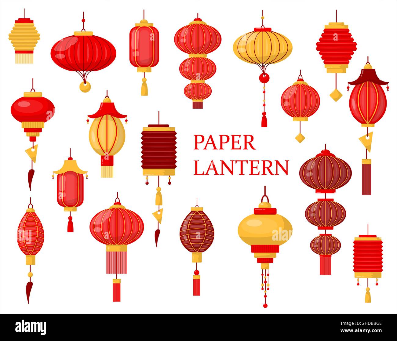 Ensemble de lanternes vectorielles chinoises, lanterne traditionnelle.Décoration orientale plate de la culture chinoise.Illustration de la décoration du festival asiatique Illustration de Vecteur