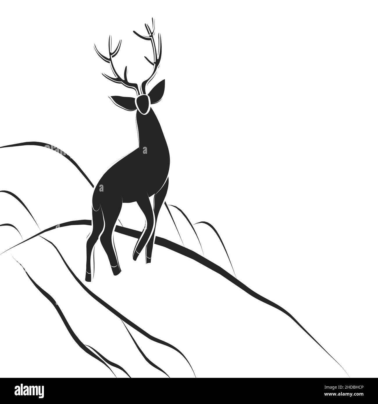 Le buck de cerf rouge se trouve à flanc de colline.Animal avec de grandes cornes.Vue latérale.Silhouette d'élan noir et blanc.Graceful Servus dessiné à la main.Scandinave minimal Illustration de Vecteur
