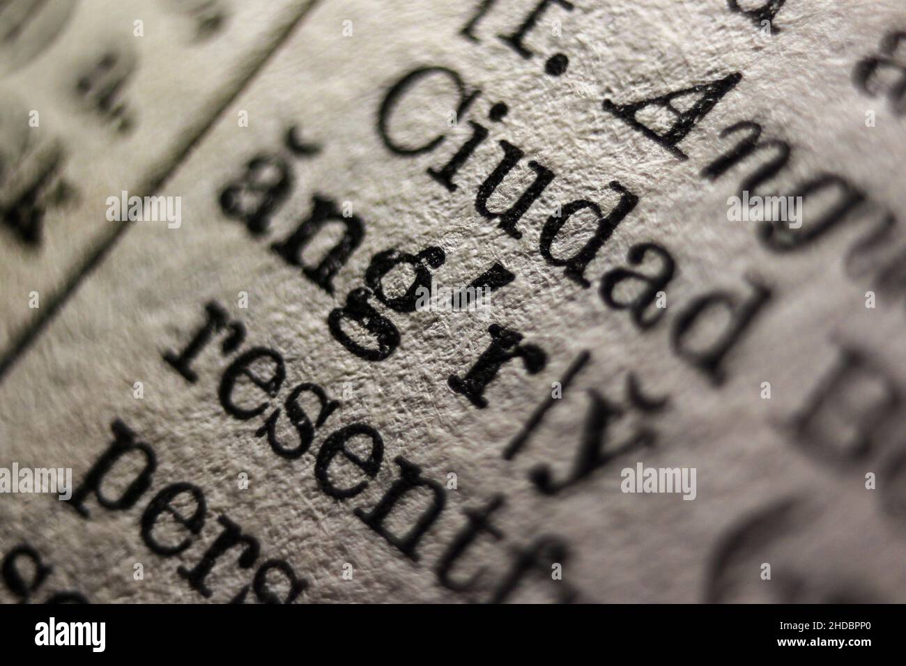 Mot « Angry » imprimé sur la page du dictionnaire, macro gros plan Banque D'Images