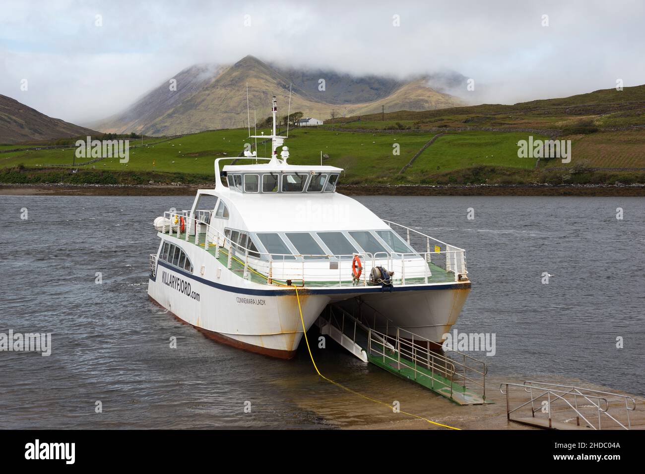 Boot, du port de Killary, Fjord, Irlande, Grossbritannien, Katamaran Banque D'Images