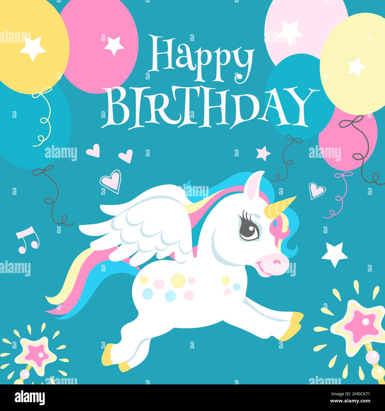 Carte d'anniversaire.Un cheval magique volant dans le ciel Illustration de Vecteur