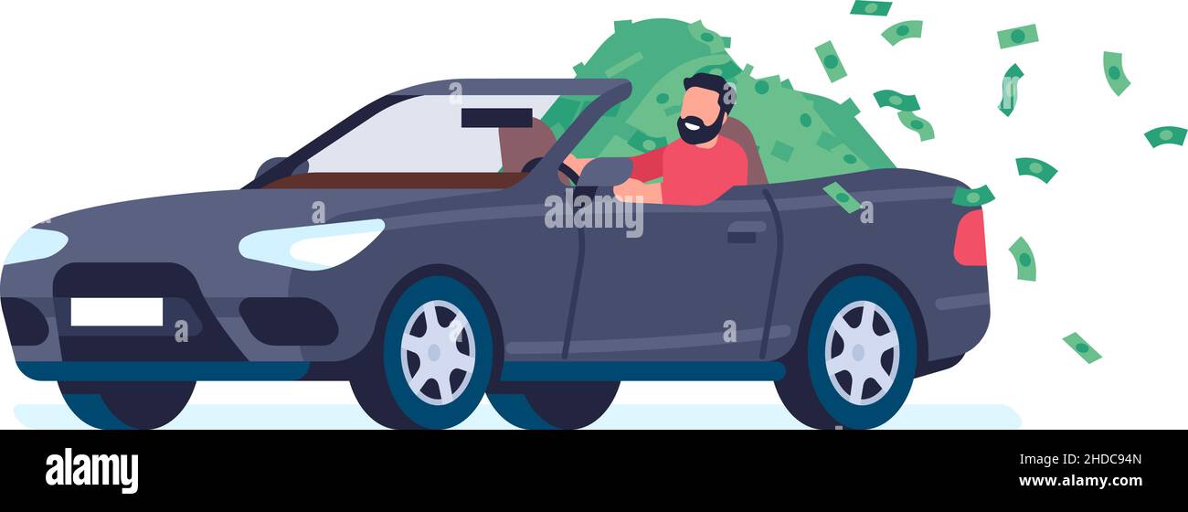 Homme réussi à conduire une voiture pleine d'argent.Concept de type riche Illustration de Vecteur
