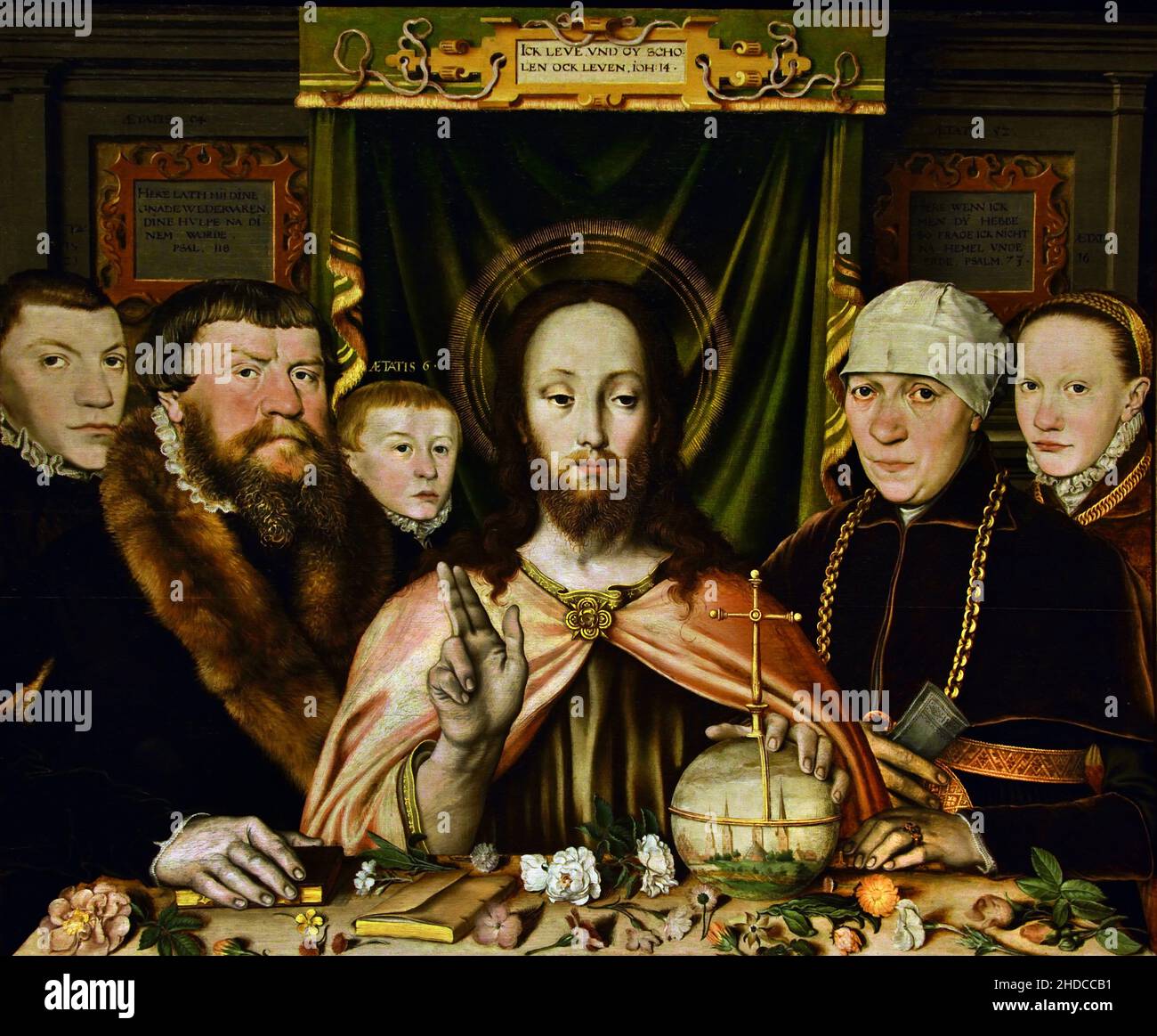 Christ Bénédiction, entouré par une famille de donneurs vers avant 1582 peintre allemand inconnu Allemagne, Banque D'Images